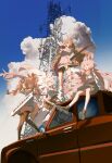  4girls 5-string_bass_guitar absurdres ahoge alternate_costume angelina_(arknights) angelina_the_mellow_wish_(arknights) animal_ears arknights bass_guitar black_thighhighs blue_sky breasts brown_hair car cellular_tower chinese_commentary cloud commentary_request cosplay cumulonimbus_cloud dress drill_hair drumsticks electric_guitar extended_range_bass_guitar floating_hair fluffy_hair foot_dangle fox_ears fox_girl fox_tail from_below full_body gloves gotoh_hitori gotoh_hitori_(cosplay) guitar highres holding holding_drumsticks holding_guitar holding_instrument holding_microphone instrument jacinta_(arknights) kei_truck keyboard_(instrument) keytar leg_warmers long_dress long_hair looking_at_viewer medium_breasts microphone motor_vehicle multiple_girls nosaer on_car on_truck outdoors pickup_truck pink_gloves pink_hair pink_track_suit plaid_clothes plaid_skirt playing_bass_guitar playing_instrument playing_piano pleated_skirt puffy_short_sleeves puffy_sleeves rabbit_ears rabbit_girl raccoon_ears raccoon_girl school_uniform scrunchie shirt short_dress short_sleeves singing sitting skirt sky smile socks standing summer_uniform tail thighhighs thumpy_(arknights) timeslot_(arknights) track_suit truck tsukinomori_school_uniform twin_drills twintails white_dress white_shirt white_socks wrist_scrunchie yamaha_pacifica zettai_ryouiki 