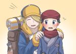  2boys :d backpack bag black_hair blonde_hair blush brown_bag commentary_request grey_eyes grey_jacket hair_over_one_eye hands_on_another's_shoulders hat jacket male_focus multiple_boys open_mouth pokemon pokemon_legends:_arceus red_hat red_scarf rei_(pokemon) scarf short_hair smile sweatdrop teeth upper_teeth_only volo_(pokemon) yellow_background yellow_hat yukinoko2200 