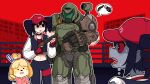  ! 1boy 3girls absurdres animal_crossing armor baseball_cap black_choker black_hair black_leggings blonde_hair body_armor building chibi chibikemo choker colored_sclera colored_skin commentary_request dog_girl doom_(series) doom_eternal doomguy drill_hair dual_persona east-west_crossover fingerless_gloves floppy_ears gloves green_assault_visor grey_skin gun hat helmet highres holding holding_gun holding_weapon impending_doom isabelle_(animal_crossing) jacket kasane_teto korean_commentary leaf_print legband leggings letterman_jacket midriff mozzaraccoon multicolored_hair multiple_girls navel nervous_sweating number_tattoo open_mouth outline pink_shirt power_armor praetor_suit railing red_background red_eyes red_gloves red_hair red_sclera red_shirt sawed-off_shotgun shaded_face shirt shotgun shoulder_cannon space_helmet speech_bubble sweat synthesizer_v tattoo trigger_discipline twin_drills two-tone_hair utau weapon white_outline yararara_(synthesizer_v) zombie 