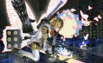  1girl aigis_(persona) android arm_support blonde_hair blue_eyes bow commentary full_body gatling_gun gloves hairband jhxe88 joints kneeling on_floor persona persona_3 red_bow robot_joints short_hair solo untranslatable_commentary 