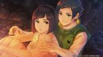  1boy 1girl amamine_mika cave cave_interior couple desperadrops dress frilled_dress frills game_asset gauze gauze_on_cheek grabbing_from_behind green_vest hairband hetero holding hug hug_from_behind hugging_own_legs kozaki_yuusuke looking_at_another official_art on_ground ramie_carriere short_hair smile third-party_source vest visual_novel_cg white_dress 