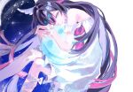  1girl ankle_strap arm_strap bare_shoulders black_hair blue_moon blunt_bangs bow colored_inner_hair columbina_(genshin_impact) dress english_commentary eyelashes feathered_wings feet_out_of_frame floating_hair flying frills full_moon genshin_impact gradient_hair hair_between_eyes head_wings highres holding holding_moon hug long_hair looking_at_viewer moon multicolored_hair one_eye_closed open_mouth pink_eyes pink_hair sidelocks sleeveless sleeveless_dress solo star_(sky) starry_sky_background two-tone_hair very_long_hair white_background white_bow white_dress wings wrist_bow zuchi1306 