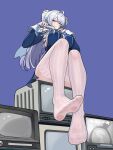  1girl absurdres ascot bare_shoulders blue_background blue_dress breasts chinese_commentary cleavage cleavage_cutout clothing_cutout commentary_request dress feet foot_focus foreshortening from_below grey_hair hair_over_one_eye hand_fan highres holding holding_fan huwenshayubushiyu knees_up large_breasts long_hair looking_at_viewer no_shoes pointy_ears presenting_foot purple_eyes shoulder_cutout sitting smile soles solo striped_clothes striped_thighhighs television thighhighs toes velina_airgid white_thighhighs yellow_ascot zenless_zone_zero 