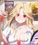  3girls against_fourth_wall against_glass anis_(nikke) anis_(star)_(nikke) areola_slip artist_name battery_indicator black_bra blonde_hair blurry blurry_foreground bra breasts brown_hair collarbone collared_shirt commentary_request covered_nipples doro_(nikke) dress_shirt ein_(nikke) english_commentary fake_phone_screenshot fake_screenshot fanbox_username goddess_of_victory:_nikke grin hand_on_glass highres long_hair long_sleeves looking_at_viewer medium_breasts mint_(nikke) mixed-language_commentary multiple_girls naked_shirt no_bra open_clothes open_shirt outstretched_arm paid_reward_available panties poster_(object) prika_(nikke) purple_eyes reaching reaching_towards_viewer recording rei_(nikke) shirt signal_bar single_bare_shoulder single_off_shoulder smile solo_focus sonaworld underwear underwear_only video_call white_shirt wi-fi_symbol zwei_(nikke) 