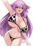  1girl adult_neptune animal_print arm_up armpits bikini blush bouncing_breasts breasts commentary_request cow_print cow_print_bikini dura_(dura110) groin hair_between_eyes happy highres huge_breasts long_hair looking_at_viewer motion_lines navel neptune_(series) one_eye_closed open_mouth print_bikini purple_eyes purple_hair skindentation smile solo swimsuit teeth unaligned_breasts upper_teeth_only very_long_hair white_background wide_hips 