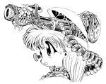  15ooo 1girl aiming ammunition beret cropped_shoulders greyscale gun guro hat highres jacket long_hair looking_ahead military_uniform monochrome one-eyed open_skull original parasite parted_lips scouter simple_background sweatdrop weapon white_background 