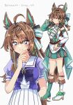  1girl ahoge animal_ears asymmetrical_footwear bare_shoulders blush bow bowtie breasts brown_hair closed_mouth commentary_request detached_sleeves dress efforia_(racing)_(umamusume) efforia_(umamusume) green_dress green_eyes hair_between_eyes hair_bow highres horse_ears horse_girl horse_tail long_hair medium_breasts mismatched_footwear pleated_skirt puffy_short_sleeves puffy_sleeves purple_bow purple_bowtie purple_shirt sailor_collar sailor_shirt school_uniform shirt short_sleeves simple_background skirt smile tail tracen_school_uniform umamusume white_dress white_sailor_collar white_skirt yoka 