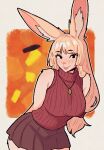  1girl :p animal_ears animal_nose arms_behind_back black_eyes blonde_hair blush breasts brown_skirt bun_wife_(celebelian) celebelian commentary cowboy_shot english_commentary jaggy_lines large_breasts long_hair looking_at_viewer orange_background original rabbit_ears rabbit_girl red_sweater skirt sleeveless sleeveless_sweater sleeveless_turtleneck solo sweater tongue tongue_out turtleneck white_background wide_hips 