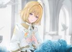  1boy ahoge androgynous aqua_gem architecture bird black_hair blonde_hair blue_flower blue_pupils blue_rose capelet closed_mouth colored_eyelashes commentary_request diamond-shaped_pupils diamond_(shape) dove empty_eyes expressionless flower frills gem genshin_impact hair_between_eyes hair_intakes hands_up ikhor_(genshin_impact) indoors jewelry leaf long_sleeves looking_at_viewer male_focus meruberos pendant puffy_long_sleeves puffy_sleeves rose shadow shirt short_hair solo sunlight symbol-shaped_pupils upper_body white_capelet white_shirt 