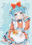 1girl above-cleavage_cutout apron artist_name bandaid blue_eyes blue_hair blue_ribbon bow clothing_cutout commentary_request copyright_request english_text frilled_apron frilled_skirt frills fukuin_ruri highres long_sleeves looking_at_viewer making-of midriff miniskirt moekaki426 navel orange_bow orange_shirt polka_dot polka_dot_shirt polka_dot_skirt ribbon shirt short_hair skirt solo star_(symbol) star_in_eye symbol_in_eye tongue tongue_out virtual_youtuber water_drop white_apron 