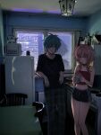  1boy 1girl alternate_costume apartment aqua_wings belt_collar black_shirt breasts camisole checkered_pillow collar couple crop_top crossed_bangs cup dolphin_shorts drinking_glass genshin_impact green_hair hair_intakes head_wings heart heart-shaped_pupils hetero highres hitsugii_rina indoors linnea_(genshin_impact) lohen_(genshin_impact) midriff mole mole_under_eye navel pants photo_background pink_eyes pink_hair pink_wings pointy_ears red_camisole refrigerator russian_commentary shirt short_hair shorts spaghetti_strap symbol-shaped_pupils table two-tone_wings window wings wolf_cut 