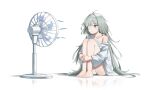  1girl absurdres alternate_costume bandage_over_one_eye barefoot closed_mouth commentary electric_fan feet grey_eyes grey_hair hel1o highres knees_to_chest light_blush long_hair no_pants panties panty_peek phrolova_(wuthering_waves) reflective_floor shirt simple_background single_off_shoulder sitting solo toes underwear white_background white_panties white_shirt wuthering_waves 