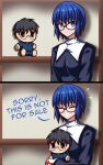  1girl absurdres black-framed_eyewear black_dress blue_eyes blue_hair blush character_doll ciel_(tsukihime) closed_eyes closed_mouth doll dress english_text fate/extra fate/extra_record fate_(series) flying_sweatdrops glasses highres hugging_doll hugging_object long_sleeves looking_at_viewer nun sakurello short_hair smile solo tohno_shiki tsukihime tsukihime_(remake) 