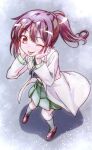  1girl :p ;p black_necktie black_socks boku_wa_tomodachi_ga_sukunai brown_eyes brown_hair commentary_request eyewear_on_head foreshortening from_above full_body glasses green_skirt hands_on_own_cheeks hands_on_own_face hands_up high_ponytail highres lab_coat loafers long_hair long_sleeves looking_at_viewer necktie official_artist_extra one_eye_closed plaid_clothes plaid_skirt ponytail school_uniform shiguma_rika shoes short_necktie skirt socks solo st._chronica_academy_school_uniform standing tongue tongue_out watanabe_yoshihiro 