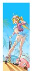  1girl absurdres ahoge ass baseball_bat beach bikini bikini_skirt blonde_hair blue_sky border bracelet breasts building commentary day english_commentary from_behind front-tie_bikini_top front-tie_top full_body green_scrunchie hair_ornament hair_scrunchie hand_on_headwear high_heel_sandals high_heels highres holding holding_baseball_bat jacket jewelry looking_at_viewer looking_back luciana_de_montefio luciana_de_montefio_(princess_on_holiday) lucy's_crew_(zenless_zone_zero) microskirt nomnomboom open_mouth outdoors palm_tree pink_jacket pink_visor_cap planted planted_baseball_bat platform_sandals pleated_skirt red_eyes sandals scrunchie side_ponytail skirt sky small_breasts stomach swimsuit tree visor_cap white_bikini white_border white_skirt zenless_zone_zero 