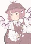  1girl :o bow bowtie brown_dress brown_hat chii-kun_(seedyoulater) collared_shirt commentary_request dress fingernails green_nails hat head_wings highres long_sleeves mob_cap mystia_lorelei pinafore_dress pink_hair sharp_fingernails shirt short_hair simple_background sleeveless sleeveless_dress solo touhou white_background white_bow white_bowtie white_shirt winged_hat wings 