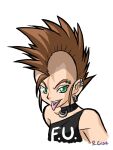  1girl bare_shoulders black_choker brown_hair choker closed_eyes clothes_writing commentary ear_piercing english_commentary eyebrow_piercing face_piercing mohawk open_mouth original piercing punk robert_j_case sidelocks signature simple_background smile solo teeth tongue tongue_out tongue_piercing upper_teeth_only white_background 