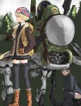  2girls aircraft airplane animal_ears bandana black_necktie blonde_hair blue_eyes bomber_jacket boots brown_eyes brown_gloves brown_hair cable camouflage collar fake_animal_ears forest fur-trimmed_boots fur_trim gloves jacket landing_gear maintenance military military_vehicle multiple_girls nature necktie on_one_knee open_cockpit original propeller_fighter roundel short_hair sky standing thighhighs union_jack white_collar white_sky y_(khakiyawn) 