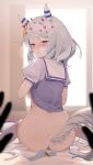  1boy 1girl animal_ears ass backboob bed blue_eyes blush breasts condom condom_wrapper grey_hair heart highres hishi_miracle_(umamusume) horse_ears horse_girl horse_tail large_breasts looking_back medium_hair pleated_skirt pov puffy_short_sleeves puffy_sleeves purple_shirt sailor_collar school_uniform shirt short_sleeves sitting skirt solo_focus sweat tail tracen_school_uniform umamusume unworn_skirt uta_(xuyansong1996) white_sailor_collar white_skirt 