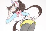  1girl ass back black_pantyhose blue_eyes blush brown_hair donut_hair_bun double_bun finger_to_own_chin floating_hair hair_bun highres holding holding_poke_ball kiganenakuyaru leaning_forward pantyhose pantyhose_under_shorts poke_ball poke_ball_(basic) poke_ball_print pokemon pokemon_black_2_and_white_2 raglan_sleeves rosa_(pokemon) shorts smile solo twintails visor_cap yellow_shorts 