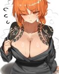  1girl absurdres black_dress blush body_freckles breasts cleavage closed_mouth collarbone commentary dress english_commentary flying_sweatdrops freckles highres ishmael_(project_moon) kurokumo_clan_(identity)_(project_moon) large_breasts limbus_company long_hair one_eye_closed orange_eyes orange_hair project_moon short_hair simple_background solo tattoo tomosakaaa wet 