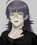 1boy ahoge black_sweater commentary glasses green_eyes grey_background highres jack_jeanne long_hair looking_at_viewer male_focus neji_kokuto open_mouth portrait purple_hair ribbed_sweater semi-rimless_eyewear simple_background solo sweater teeth tnkatuyoshi_00 turtleneck turtleneck_sweater under-rim_eyewear yellow-framed_eyewear 