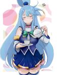  1girl aqua_(konosuba) blue_hair blue_shirt blue_skirt blue_thighhighs breasts closed_eyes closed_mouth commentary_request cowboy_shot cup detached_sleeves english_text hair_ornament hair_rings highres holding holding_plate holding_teapot kono_subarashii_sekai_ni_shukufuku_wo! kotlight large_breasts long_hair plate pleated_skirt pouring shirt single_hair_ring skirt sleeveless sleeveless_shirt smile solo sphere_hair_ornament spilling tea_set teapot thighhighs very_long_hair water white_sleeves zettai_ryouiki 