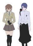  2girls absurdres akechi_goro black_gloves black_socks blue_eyes blue_hair bright_pupils brown_hair brown_jacket brown_skirt buttons closed_mouth collared_shirt genderswap genderswap_(mtf) gloves green_necktie hair_between_eyes high_collar highres jacket key kitagawa_yusuke kneehighs long_skirt long_sleeves messy_hair multiple_girls necktie persona persona_5 pleated_skirt red_eyes shirt short_hair skirt smile socks tenpaidesu white_background white_pupils white_shirt 