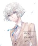  1boy androgynous blue_necktie brown_cardigan cardigan check_commentary closed_mouth collared_shirt commentary_request grey_eyes hair_between_eyes highres jack_jeanne looking_at_viewer male_focus necktie shirota_mitsuki shirt short_hair smile solo t0day8 typo upper_body white_hair white_shirt 