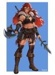  abs absurdres armlet armor artist_name axe barbarian battle_axe belt bikini_armor blue_eyes book boots border breasts brown_boots cleavage dual_wielding fur_trim highres holding holding_axe holding_polearm holding_weapon jewelry knife long_hair looking_to_the_side muscular muscular_female necklace original polearm rgate scar scar_on_face scar_on_nose smile spear thighhighs vambraces weapon white_border 