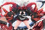  1girl :o absurdres admiral_graf_spee_(azur_lane) anniversary azur_lane black_dress blue_eyes breasts clawed_gauntlets commentary_request cross dress expressionless frilled_dress frills highres iron_cross legs_apart looking_at_viewer mechanical_tail medium_hair multicolored_hair o-ring_dress oriue_wato red_hair red_scarf rigging scarf short_dress small_breasts solo standing streaked_hair tail thighs two-tone_hair white_hair 