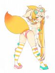  1girl ahoge animal_ear_fluff animal_ears ass asymmetrical_footwear bikini blonde_hair blush bow_legwear commentary_request elbow_gloves eyewear_on_head fingerless_gloves fox_ears fox_tail from_behind full_body gloves heart highres leaning_forward long_hair looking_at_viewer mismatched_footwear mismatched_shoes multicolored_hair multicolored_thighhighs open_mouth orange_thighhighs original shoes side_ponytail simple_background smile solo speech_bubble spoken_heart standing streaked_hair striped_clothes striped_thighhighs sunglasses swimsuit tail thighhighs toconikky two-tone_thighhighs very_long_hair white_background white_gloves white_thighhighs yellow_eyes 