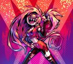  1girl black_gloves crop_top dav_(krooked_glasses) elbow_gloves fingerless_gloves gloves hand_on_own_hip highres long_hair looking_at_viewer middle_finger one-eyed original pants pink_hair red_shirt sharp_teeth shirt single_elbow_glove sleeveless sleeveless_shirt solo teeth torn_clothes torn_pants 