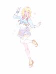  1girl :d anklet arm_up bikini bikini_top_only blonde_hair blue_bikini blue_jacket blue_shorts blush braid commentary foot_up_heel_up frilled_bikini frills front-tie_bikini_top front-tie_top full_body hair_ornament hair_ribbon highres jacket jewelry kitto_saikou_no_summer!_(project_sekai) long_hair low_twin_braids navel necklace official_alternate_costume official_alternate_hairstyle open_clothes open_jacket open_mouth pink_eyes project_sekai ribbon sandals shorts simple_background single_wrist_cuff smile solo standing standing_on_one_leg star_(symbol) star_hair_ornament stomach striped_bikini striped_clothes swimsuit tenma_saki thighlet three-quarter_sleeves twin_braids untranslatable_commentary v-shaped_eyebrows vertical-striped_bikini vertical-striped_clothes wallet_chain white_045 white_background wrist_cuffs yellow_sandals 