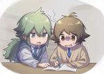  2boys @_@ blue_necktie brown_cardigan brown_eyes brown_hair cardigan chibi chibi_only collared_shirt commentary_request green_hair grey_eyes highres hilbert_(pokemon) holding long_hair looking_down male_focus multiple_boys n_(pokemon) necktie open_mouth paper pointing pokemon pokemon_black_and_white shirt short_hair sweat vest white_shirt writing yukinoko2200 