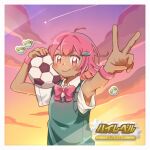  1girl 3others ahoge aqua_vest armpits ball bird bow bowtie cloud collared_shirt commentary_request dark-skinned_female dark_skin dawn flying_referees_(rhythm_tengoku) gradient_sky highres looking_at_viewer multiple_others orange_eyes orange_sky pink_bow pink_bowtie pink_hair purple_sky rhythm_tengoku rhythm_tengoku_miracle_stars shirt shooting_star short_sleeves sky soccer_ball solo sora_(rhythm_tengoku) upper_body v vest white_shirt yellow_sky yukumorusui 