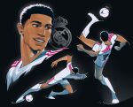  1boy ball black_background black_hair commentary dark-skinned_male dark_skin full_body highres jude_bellingham male_focus multiple_views ojiroshaul real_life real_madrid short_hair smile soccer_ball soccer_uniform sportswear standing standing_on_one_leg 