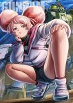  1girl afro_puffs beam_cannon blue_shorts chuatury_panlunch chuchu's_demi_trainer closed_mouth commentary_request copyright_name directed-energy_weapon energy_cannon finger_to_cheek frown full_body green_eyes gun gundam gundam_suisei_no_majo hand_on_own_knee highres jacket kinky_hair long_sleeves looking_at_viewer mecha mobile_suit null_oekaki one-eyed_mecha pink_hair red_eyes robot shoes short_shorts shorts sitting sneakers solo spread_legs squatting v-shaped_eyebrows watermark weapon 