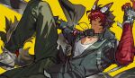 1boy animal_ear_fluff animal_ears black_hair black_jacket commentary dog_boy dog_ears dog_tail hashibiro_kou_(garapiko_p) highres holding holding_sword holding_weapon jacket komano_manato multicolored_hair muscular muscular_male pants red_bandage red_eyes red_hair scar scar_across_eye scar_on_face shirt short_hair simple_background sword tail two-tone_hair untranslatable_commentary weapon white_shirt yellow_background zenless_zone_zero 