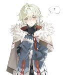  1boy ? absurdres ahoge alyosha_(genshin_impact) arm_support black_gloves black_shirt blue_jacket blush cape closed_mouth commentary cowboy_shot earmuffs empty_eyes english_commentary freckles fur-trimmed_cape fur_trim genshin_impact gloves green_hair grey_cape hair_between_eyes hand_on_own_chin hand_up highres hood hooded_cape jacket long_sleeves looking_at_viewer male_focus puffy_long_sleeves puffy_sleeves pyerpoint shirt short_hair simple_background solo speech_bubble spoken_question_mark standing thought_bubble turtleneck turtleneck_shirt white_background yellow_eyes 