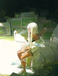 1girl bag black_dress coat commentary crocs dark-skinned_female dark_skin dress false_memory fish fishbowl green_eyes highres long_hair monitor narm_33 plant see-through_body sitting solo white_hair yi_(false_memory) 