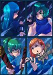  4girls absurdres blue_hair brown_eyes brown_hair closed_mouth commentary_request drawing_sword green_hair gun handgun highres holding holding_gun holding_sheath holding_sword holding_weapon jujutsu_kaisen jujutsu_tech_uniform kugisaki_nobara miwa_kasumi multiple_girls nail_(hardware) nunchaku open_mouth ponytail revolver sarad_udon sheath short_hair sleeveless swept_bangs sword weapon zen'in_mai zen'in_maki 