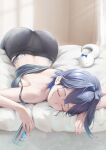  1girl absurdres ass black_panties black_pants blue_hair boros_(ouro_kronii) breasts can chia-yu_huang closed_eyes colored_inner_hair commentary crop_top grey_tank_top grin hair_intakes highres holding holding_can hololive hololive_english indoors large_breasts lying multicolored_hair on_bed on_stomach ouro_kronii panties pants panty_peek pantylines short_hair sleeping smile solo strap_slip tank_top underwear virtual_youtuber yoga_pants 