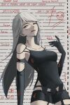  1girl ? a2_(nier:automata) absurdres armlet bare_shoulders black_armlet black_camisole black_gloves black_panties blood blood_on_arm blood_on_chest blood_on_clothes blood_on_face blood_on_neck blue_eyes body_markings breasts brown_lips camisole collarbone commentary datharuss elbow_gloves english_text eyelashes gloves hair_between_eyes hand_up highres jewelry large_breasts lips lipstick long_hair looking_to_the_side makeup mole mole_under_mouth nier:automata nier_(series) panties paper_background parted_lips smirk solo striped_background underwear upper_body very_long_hair white_background white_hair 