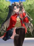  1girl absurdres black_skirt black_thighhighs blue_eyes bow bowtie brown_hair brown_sweater collared_shirt commentary crossed_legs fate/stay_night fate_(series) fenglansishui highres jacket light_frown long_sleeves multicolored_bow multicolored_bowtie parted_bangs playing_with_own_hair red_bow red_bowtie red_jacket shirt sitting skirt solo sweater thighhighs thighs tohsaka_rin tree twintails white_shirt yellow_bow yellow_bowtie 