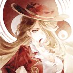  1girl blue_eyes breasts brown_hair cigar cleavage collared_shirt commentary frown gold_trim hair_over_one_eye highres jacket large_breasts lawrika limbus_company long_hair looking_at_viewer mole mole_under_eye plunging_neckline project_moon red_background red_jacket rodion_(project_moon) shirt solo thumb_(identity)_(project_moon) two-tone_background upper_body white_background white_shirt 