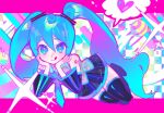  1girl :q bare_shoulders black_boots black_skirt black_sleeves blue_eyes blue_hair blue_necktie boots checkered_background closed_mouth collared_shirt commentary detached_sleeves double-parted_bangs full_body grey_shirt hair_between_eyes hatsune_miku heart highres iro_(mywife_sunny) letterboxed long_hair long_sleeves looking_at_viewer miniskirt necktie outside_border pleated_skirt shirt skirt sleeveless sleeveless_shirt smile solo spoken_heart thigh_boots tongue tongue_out twintails very_long_hair vocaloid zettai_ryouiki 