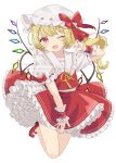  1girl :d ;d blonde_hair blush bow collared_shirt commentary_request crystal crystal_wings flandre_scarlet frilled_shirt_collar frilled_wrist_cuffs frills hat hat_bow highres kamachi_(kamati0maru) mob_cap multicolored_wings neck_ribbon one_eye_closed one_side_up puffy_short_sleeves puffy_sleeves red_bow red_eyes red_shoes red_skirt red_vest red_wrist_cuffs ribbon shirt shoes short_sleeves simple_background skirt sleeve_bow smile solo touhou vest white_background white_hat white_shirt wings wrist_cuffs yellow_ribbon 