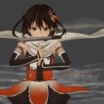  1girl absurdres black_hair black_skirt brown_eyes buttons cloud commentary_request double-breasted grey_sky hair_ornament highres kantai_collection kuji-in looking_at_viewer mouth_hold orange_shirt pleated_skirt pot-de sailor_collar scarf school_uniform sendai_(kancolle) sendai_kai_ni_(kancolle) serafuku shirt short_hair skirt sky solo torpedo two_side_up white_sailor_collar white_scarf 