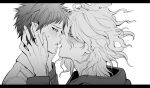  2boys absurdres after_kiss arms_up blush commentary_request danganronpa_(series) danganronpa_2:_goodbye_despair eye_contact from_side greyscale hand_on_another's_face highres hinata_hajime hood hood_down hooded_jacket jacket komaeda_nagito letterboxed long_hair long_sleeves looking_at_another male_focus monochrome multiple_boys ogkttjc profile saliva saliva_trail short_hair simple_background upper_body very_short_hair white_background yaoi 